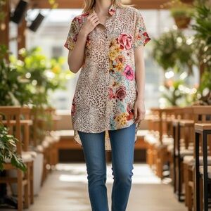 Johnny Was Multicolor Floral and Leopard Button Down Shirt